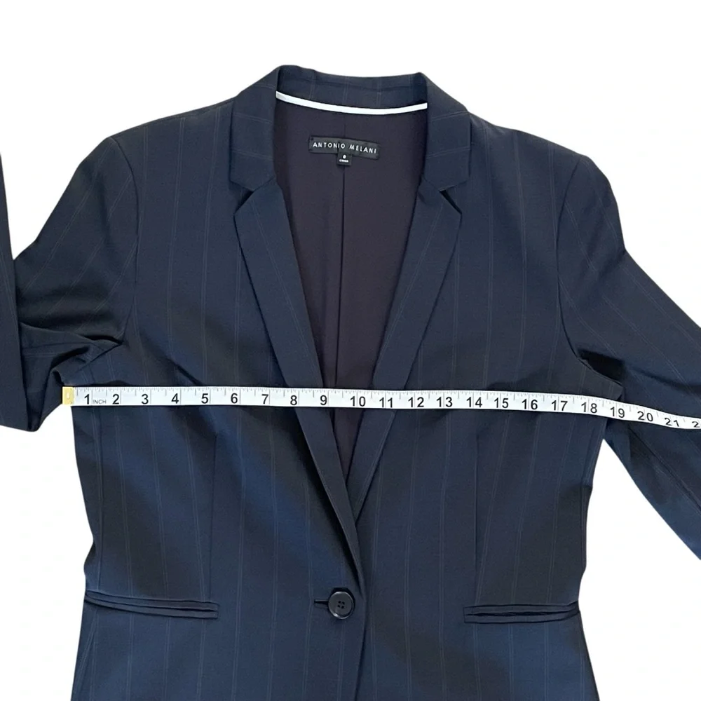 ANTONIO MELANI Navy Blue pin stripe long Blazer single breasted wool Sz: 8 NWOT - Picture 9 of 10